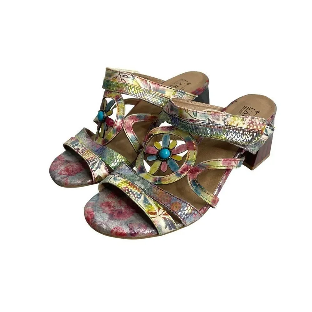 L’Artiste floral block‎ heel slide sandals heels Size 39 turquoise boho artsy